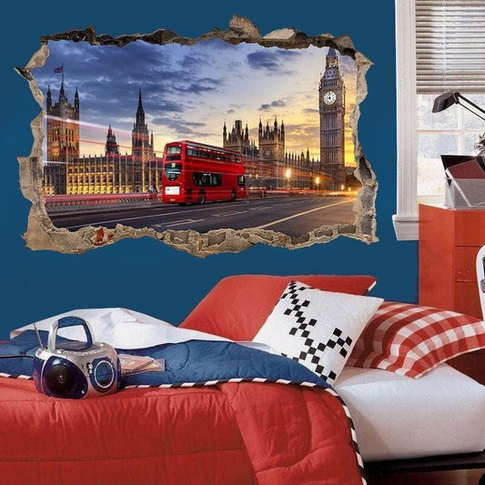 London Bus 3d Crack Effect Wall Sticker It Is An Ideal Choice For Home Or Office Wall Art Mural Home Decor. Comes In 4 Sizes