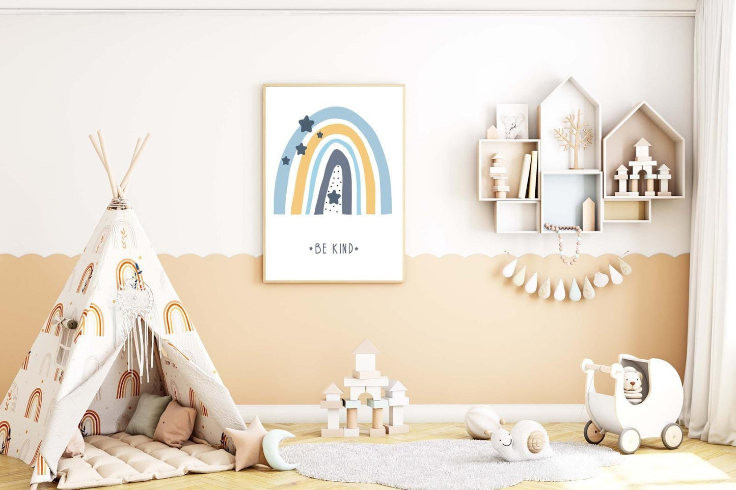 Be Kind Boy Boho Watercolour Hand Painted Effect Rainbow Nursery Wall Art Poster