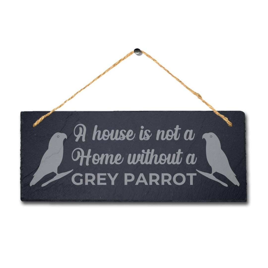 House Not Home Without Grey Parrot Laser Engraved Hanging Slate Bird Plaque Sign