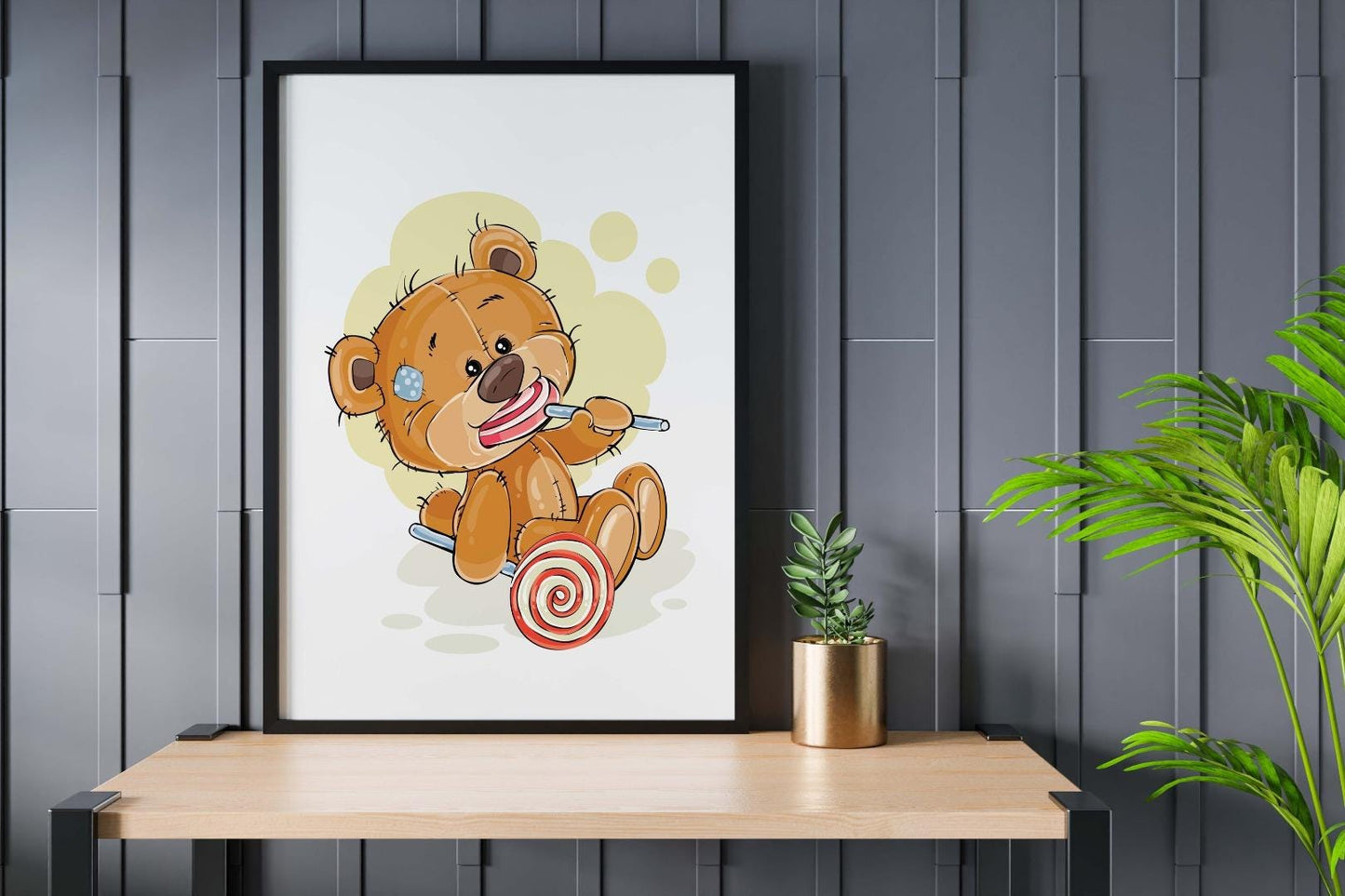 Teddy Bear Lollipop Art Print, Scandinavian Nursery Decor