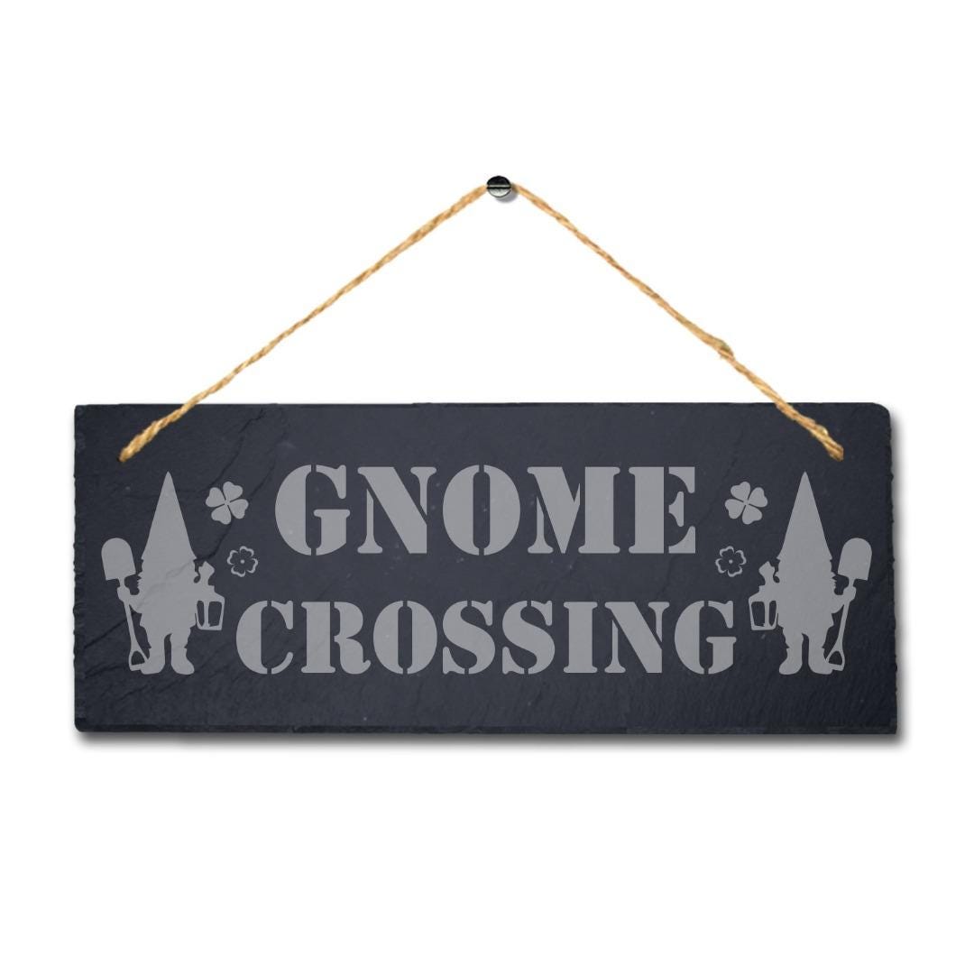 Gnomes Crossing Laser Engraved Hanging Slate Garden Home Decor Plaque Sign