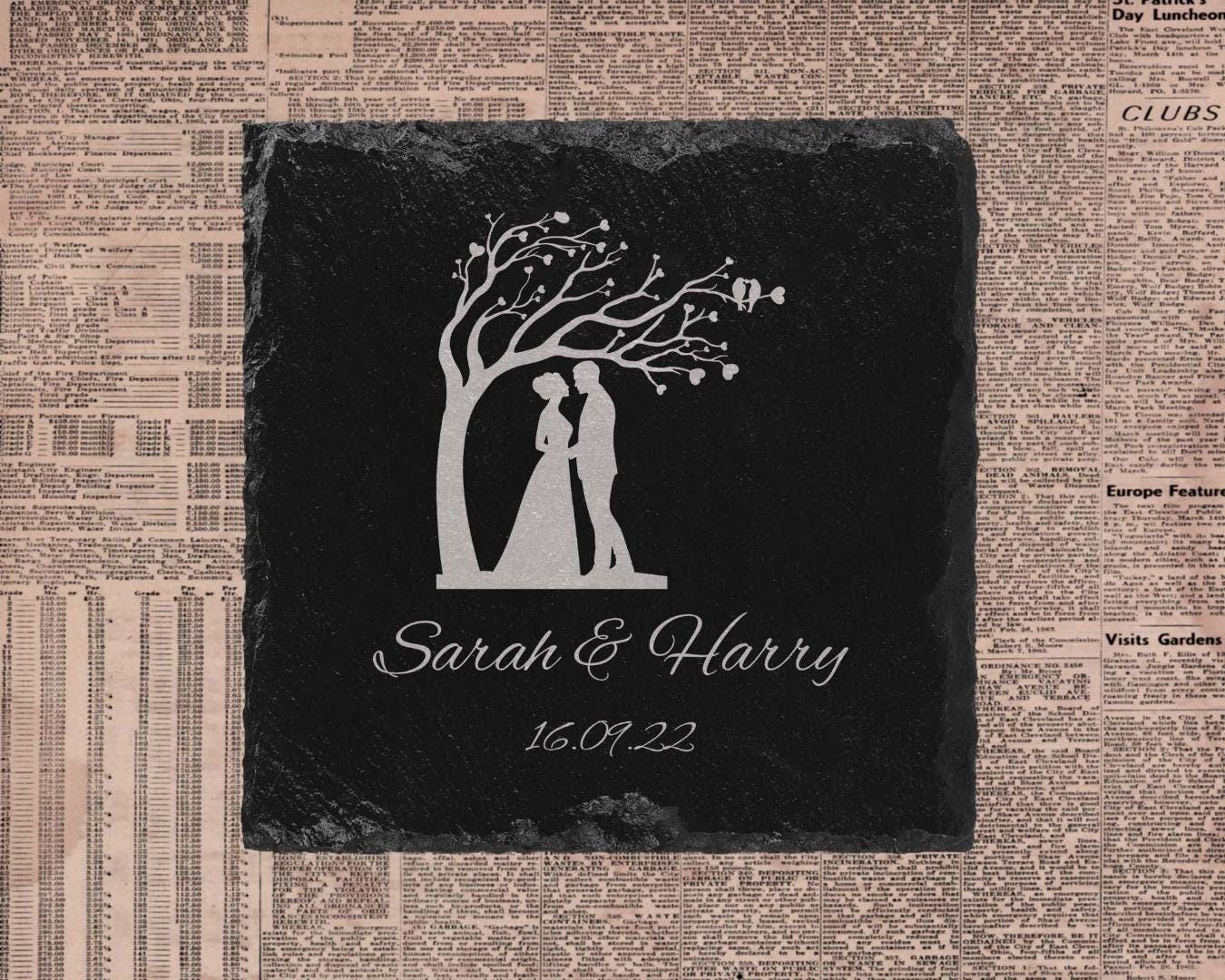 Personalised Wedding Slate Coaster: Laser Engraved Couple Gift