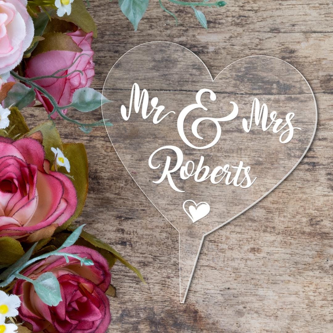 Personalised Name Wedding Cake Topper Mr & Mrs Engraved Acrylic Heart Decoration