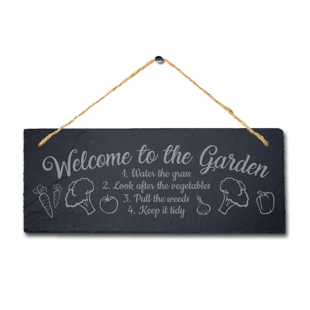 Welcome To Garden Water Grass Engraved Hanging Slate Flower Garden Plaque Sign