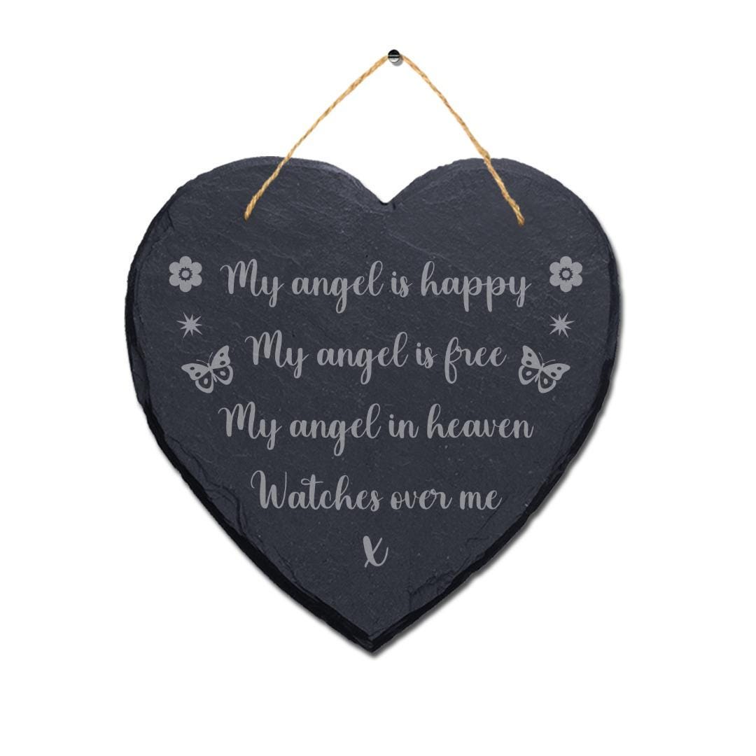 My Angel Is Happy In Heaven Engraved Wall Hanging Memorial Heart Shape Slate Sign