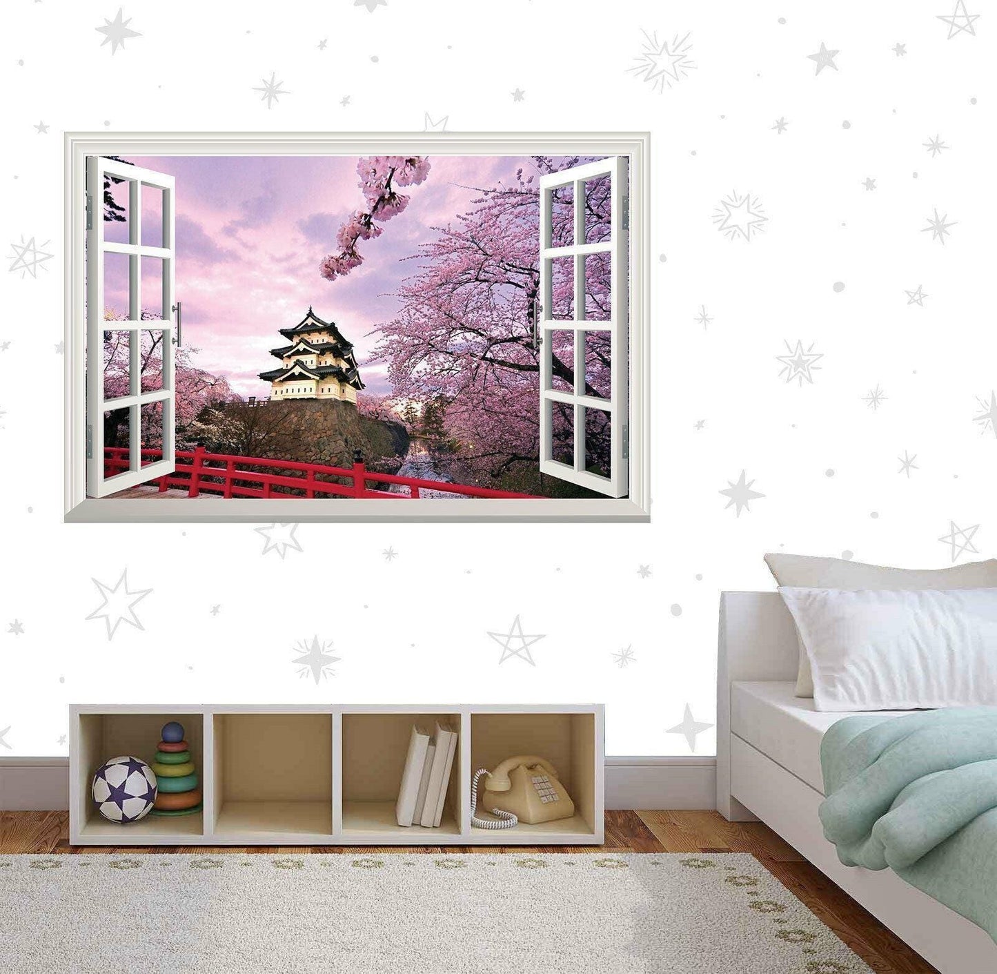 Japanese Temple 3D Window View Wall Decal: Scenic Blossom Tree Skyline