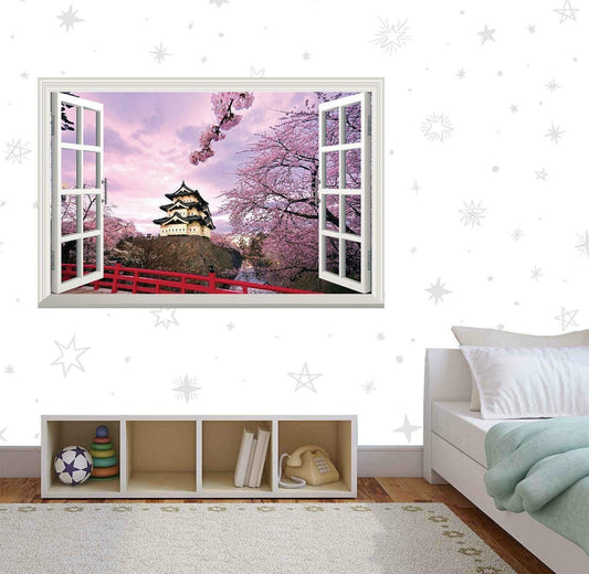 Japanese Temple 3D Window View Wall Decal: Scenic Blossom Tree Skyline