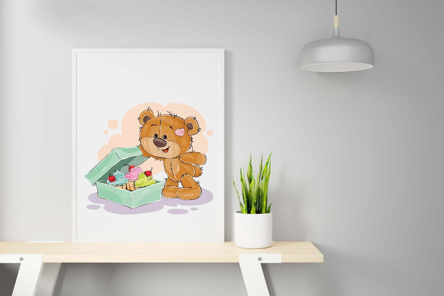 Teddy Bear Cupcakes Art Print: Scandinavian Nursery Wall Decor