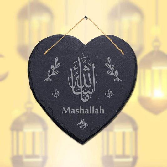 Mashallah Laser Engraved Islamic Wall Hanging Slate Heart Shape Plaque Sign