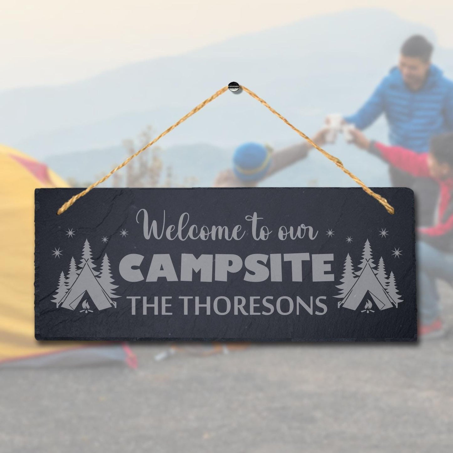 Our Campsite Thoresons Laser Engraved Hanging Slate Camping Fun Gift Plaque Sign