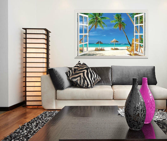 Tropical Beach Window View Wall Sticker: Palm Trees, Blue Sky
