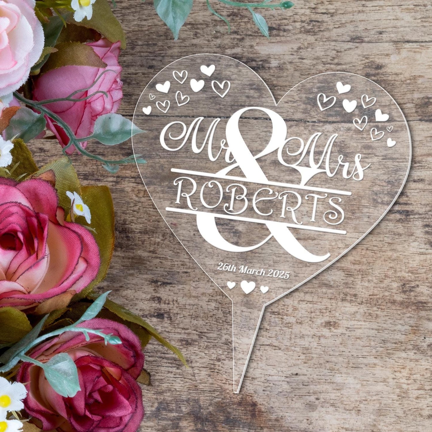 Personalised Name Wedding Cake Topper Mr & Mrs Heart Decoration Engraved Acrylic