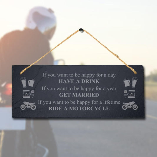 Laser Engraved Slate Plaque: Happy Life Motorcycle Sign