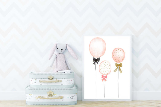 Pink Balloons Girls Boho Watercolour Hand Painted Effect Nursery Wall Art Poster