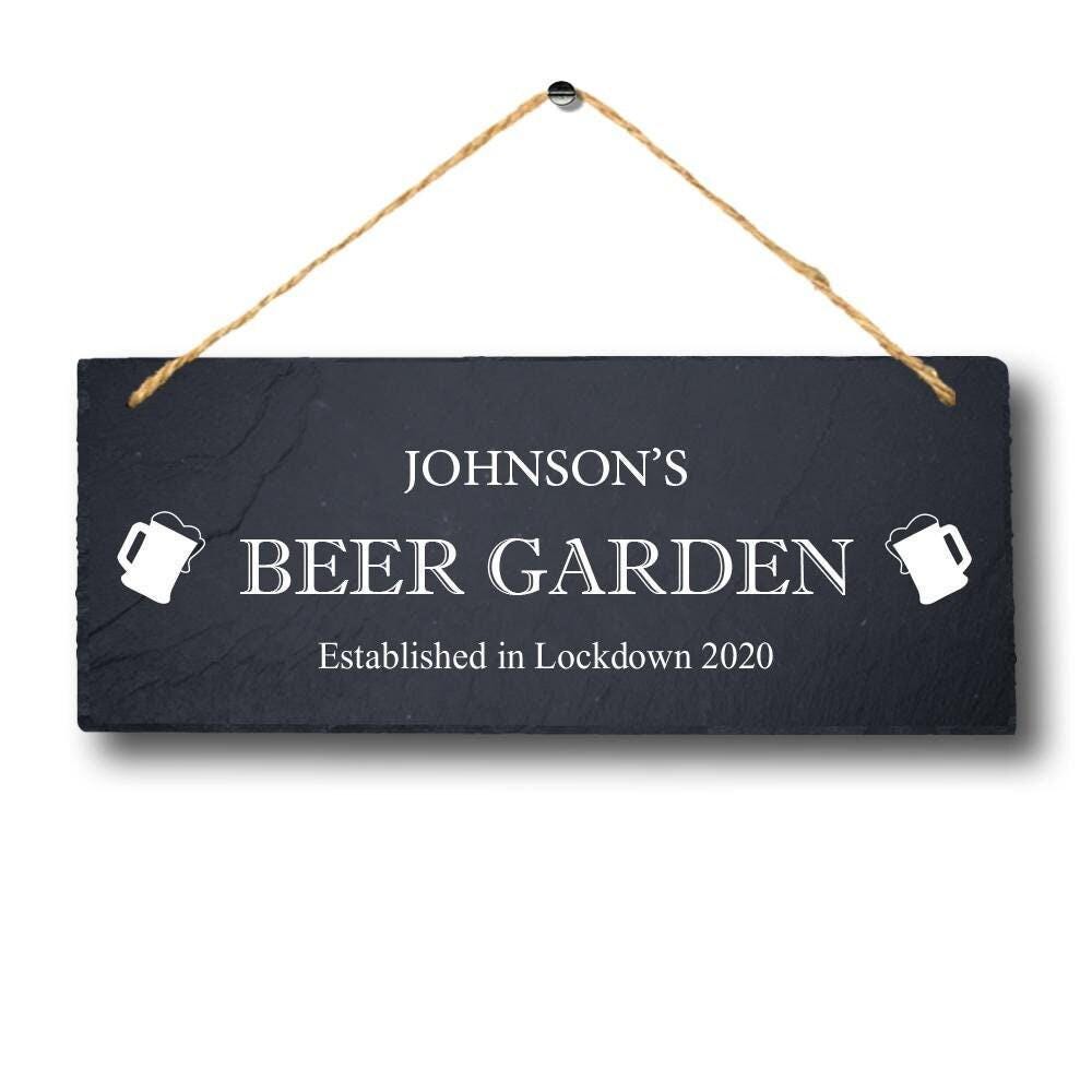 Personalised Lockdown Name White Uv Printed Sign Slate Beer Garden Memory