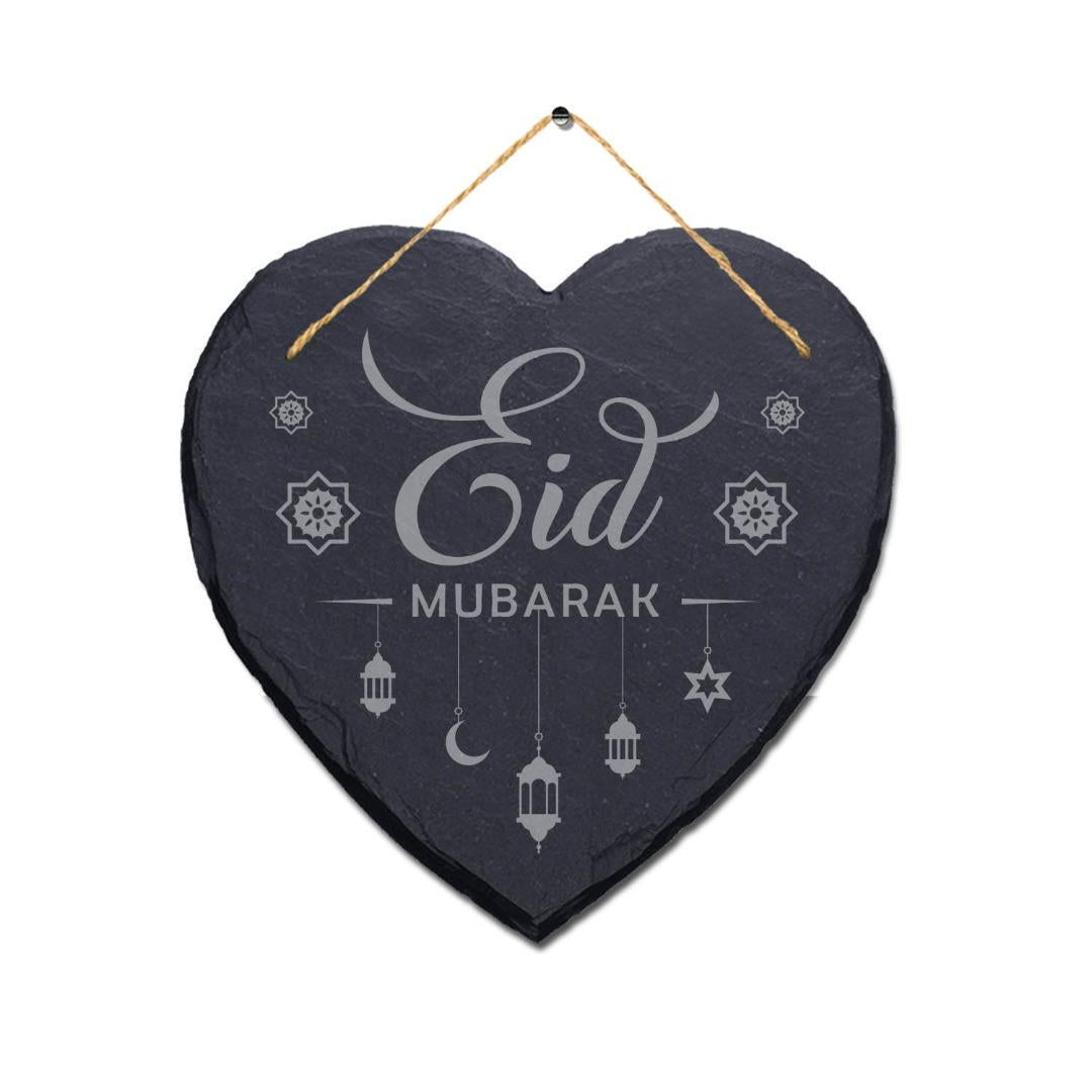 Eid Mubarak Engraved Wall Hanging Celebration Islamic Heart Home Slate Plaque Sign
