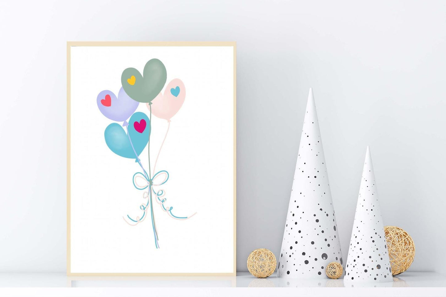 Heart Balloons Kids Boho Watercolour Hand Painted Effect Nursery Wall Art Poster