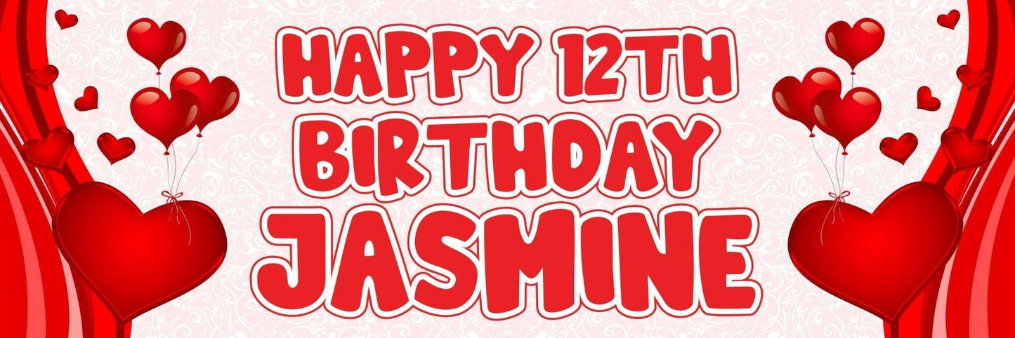 2 Personalised Birthday Banners Red Heart Themed Party Celebration Decoration Posters
