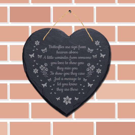 Butterflies Are Sign From Heaven Engraved Hanging Memorial Heart Shape Slate Sign