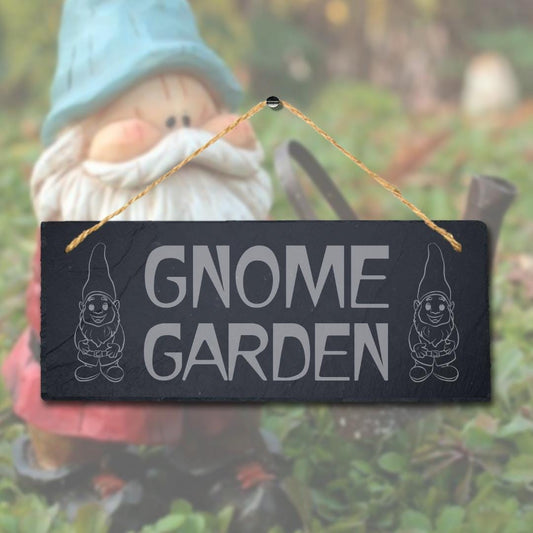 Gnome Garden Laser Engraved Hanging Slate Garden Home Decor Plaque Sign