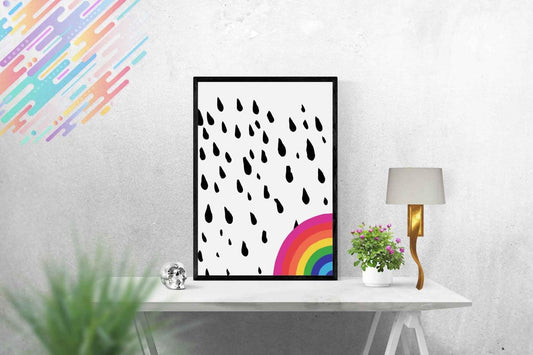 Rainbow Nursery Print: Raining Sky Poster, Colorful Art