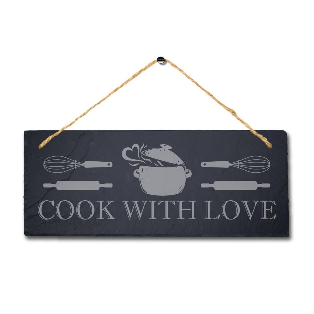 Cook With Love Laser Engraved Hanging Slate Kitchen Home Decor Plaque Sign