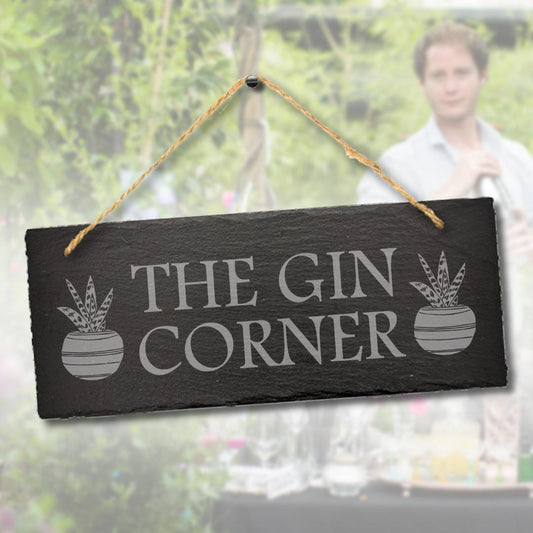 The Gin Corner Engraved Hanging Slate Plaque Sign Drinking Gift Home Bar Shed