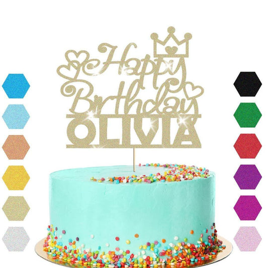 Personalised Princess Crown Glitter Happy Birthday Cake Topper Party Decoration