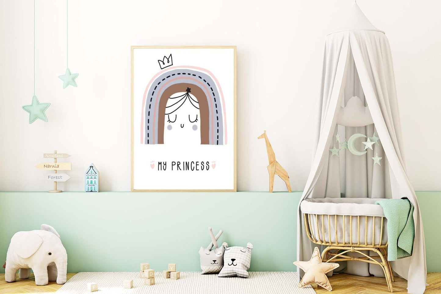 Princess Rainbow Girls Boho Watercolour Hand Painted Effect Nursery Wall Poster