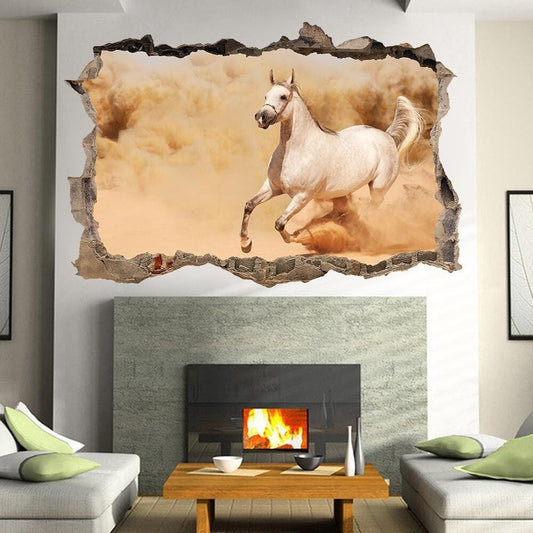 White Horse 3D Window View Wall Decal: Running in Sand