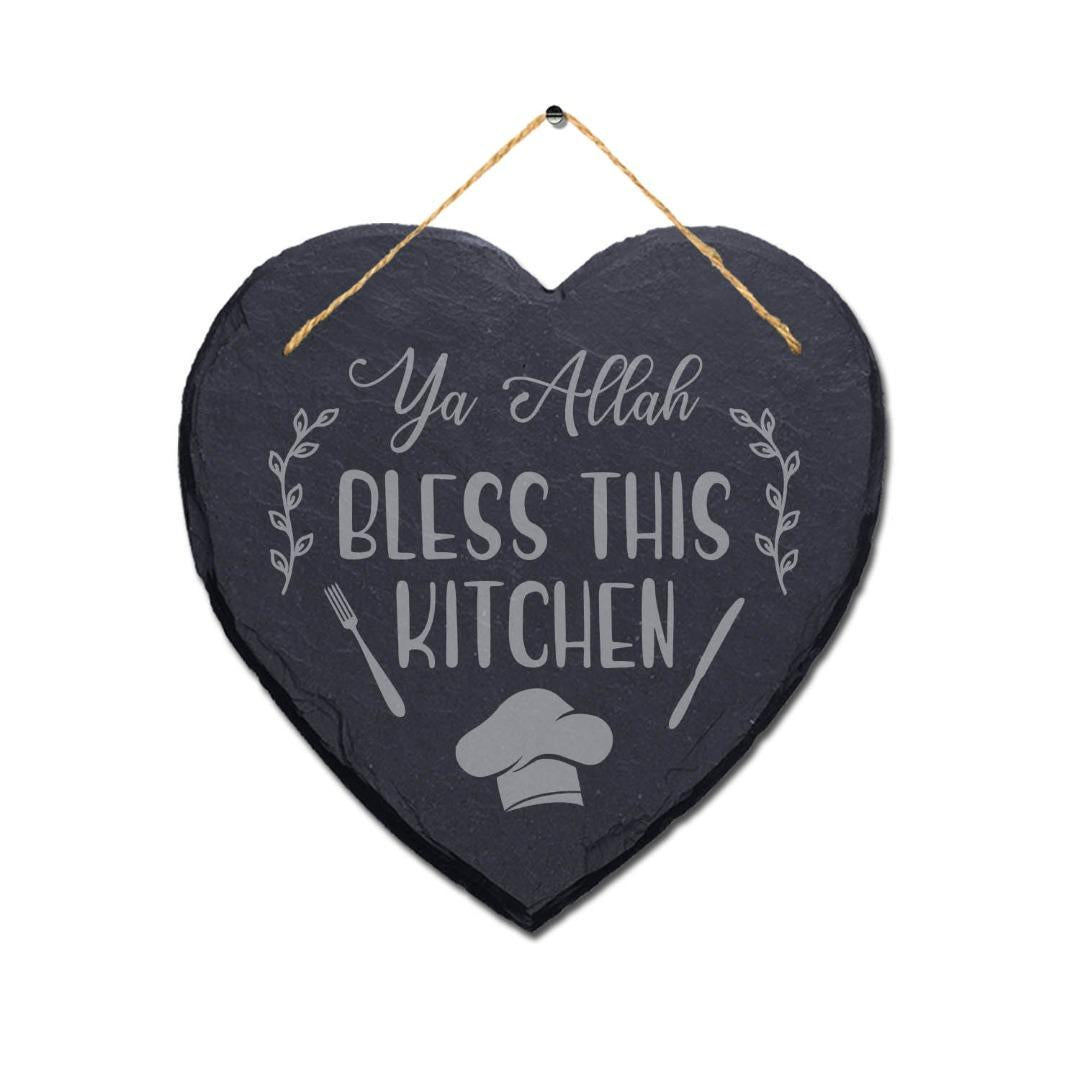 Ya Allah Bless This Kitchen Engraved Islamic Wall Hanging Slate Heart Plaque Sign