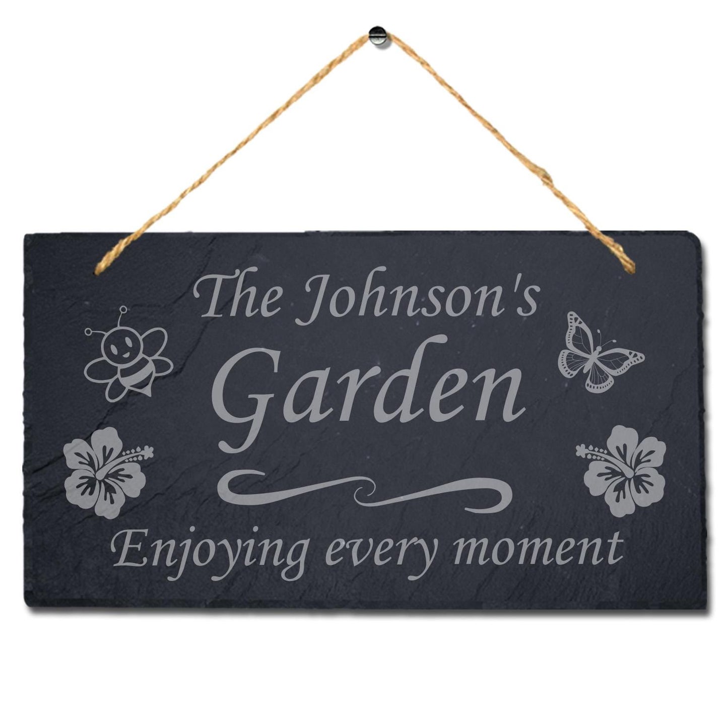 Personalised Engraved Natural Slate Hanging Family Garden Sign Plaque