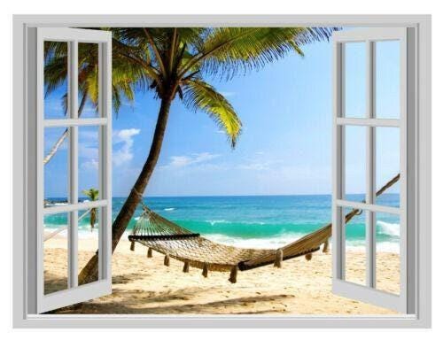 Beach Resort 3D Window View Wall Decal: Summer Sea Waves Vinyl Mural