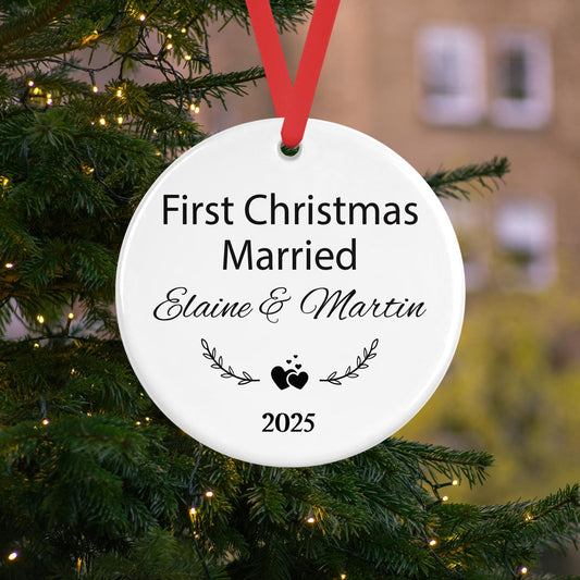 First Christmas As Married Bauble Personalised Names Ceramic Hanging Ornament