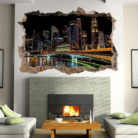 Singapore Skyline Wall Sticker: 3D Window Night View Mural