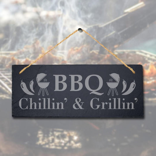 Bbq Chillin Grillin Laser Engraved Hanging Slate Party Home Decor Plaque Sign