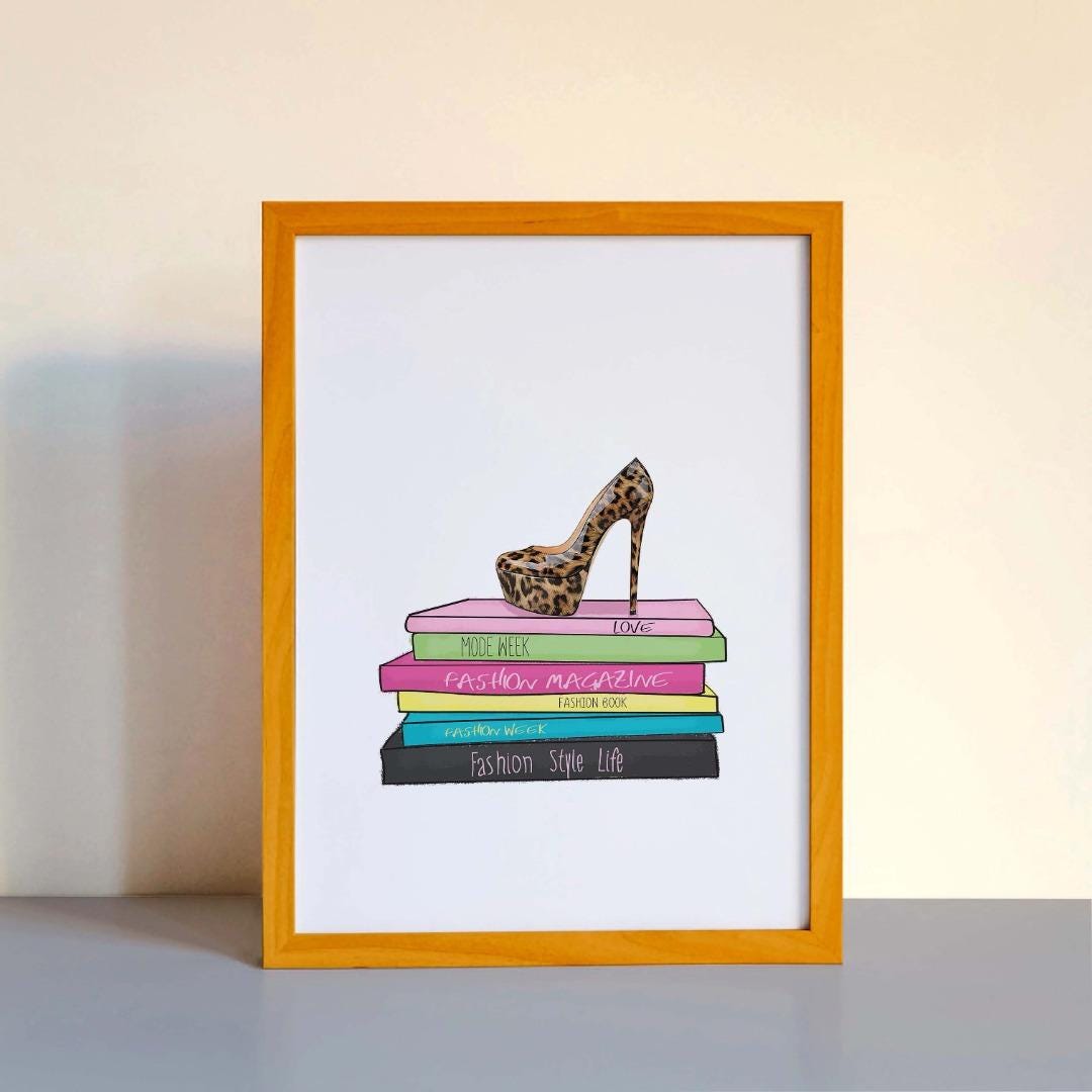 Leopard Heel Shoes Books Girls Bedroom Fashion Wall Art Home Decor Print Poster