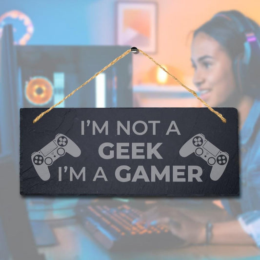 Geek Gamer Laser Engraved Hanging Slate Gaming Room Home Door Funny Plaque Sign
