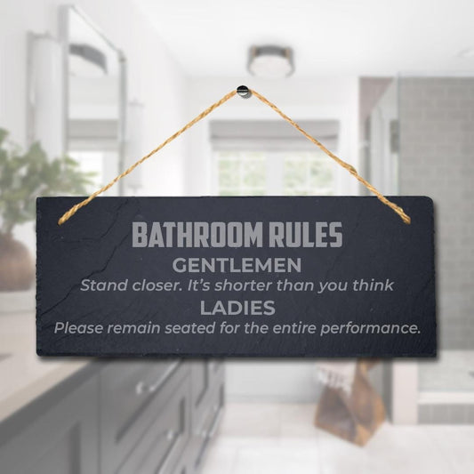 Washroom Rules For Gentlemen Ladies Engraved Hanging Slate Humorous Plaque Sign