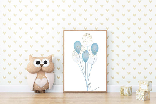 Blue Balloons Boys Boho Watercolour Hand Painted Effect Nursery Wall Art Poster