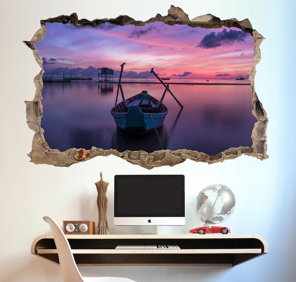 Sunset Lake Boat 3D Window View Wall Decal - 45cm x 60cm