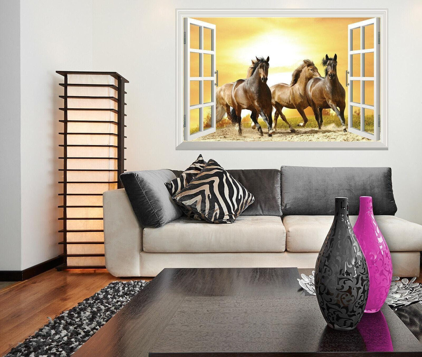 3D Running Horses Wall Decal: Sunset Window View Vinyl Mural