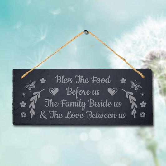 Bless Food Family And Love Laser Engraved Hanging Slate Kitchen Home Plaque Sign