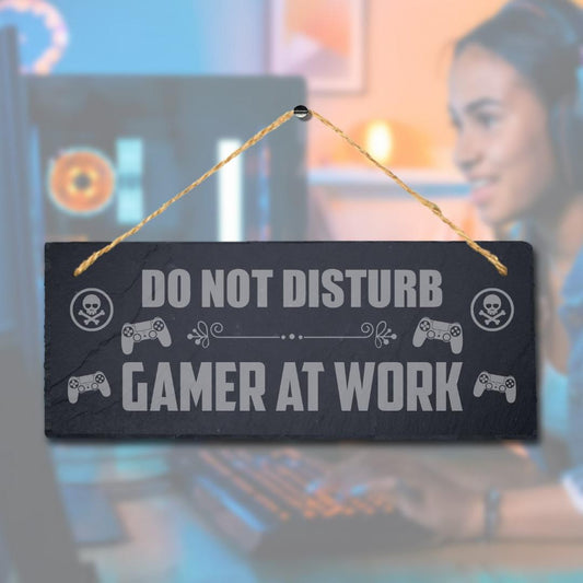 Do Not Disturb Gamer At Work Laser Engraved Hanging Slate Door Home Plaque Sign