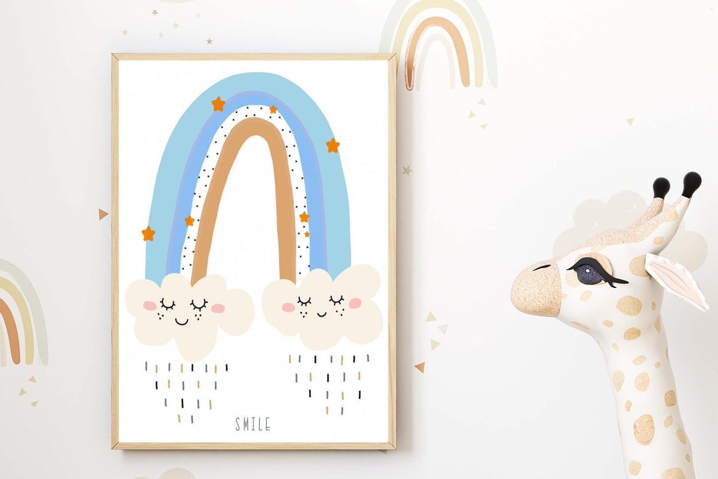 Smile Boy Boho Watercolour Hand Painted Effect Rainbow Nursery Wall Art Poster