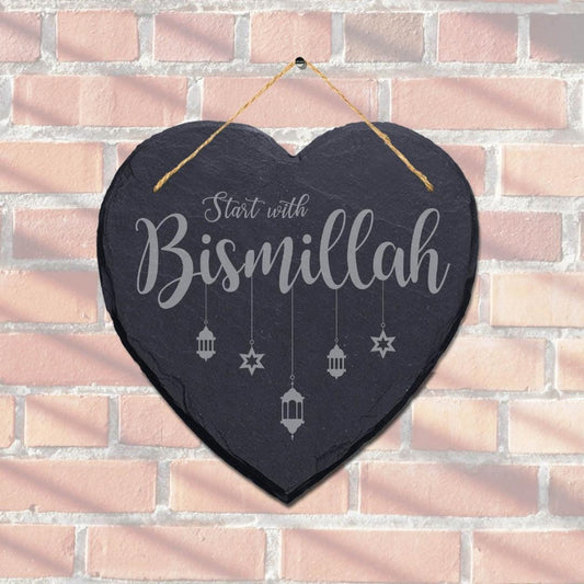 Start With Bismillah Engraved Wall Hanging Islamic Heart Home Slate Plaque Sign