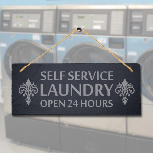 Self Service Laundry Laser Engraved Hanging Slate Washing Rustic Plaque Sign