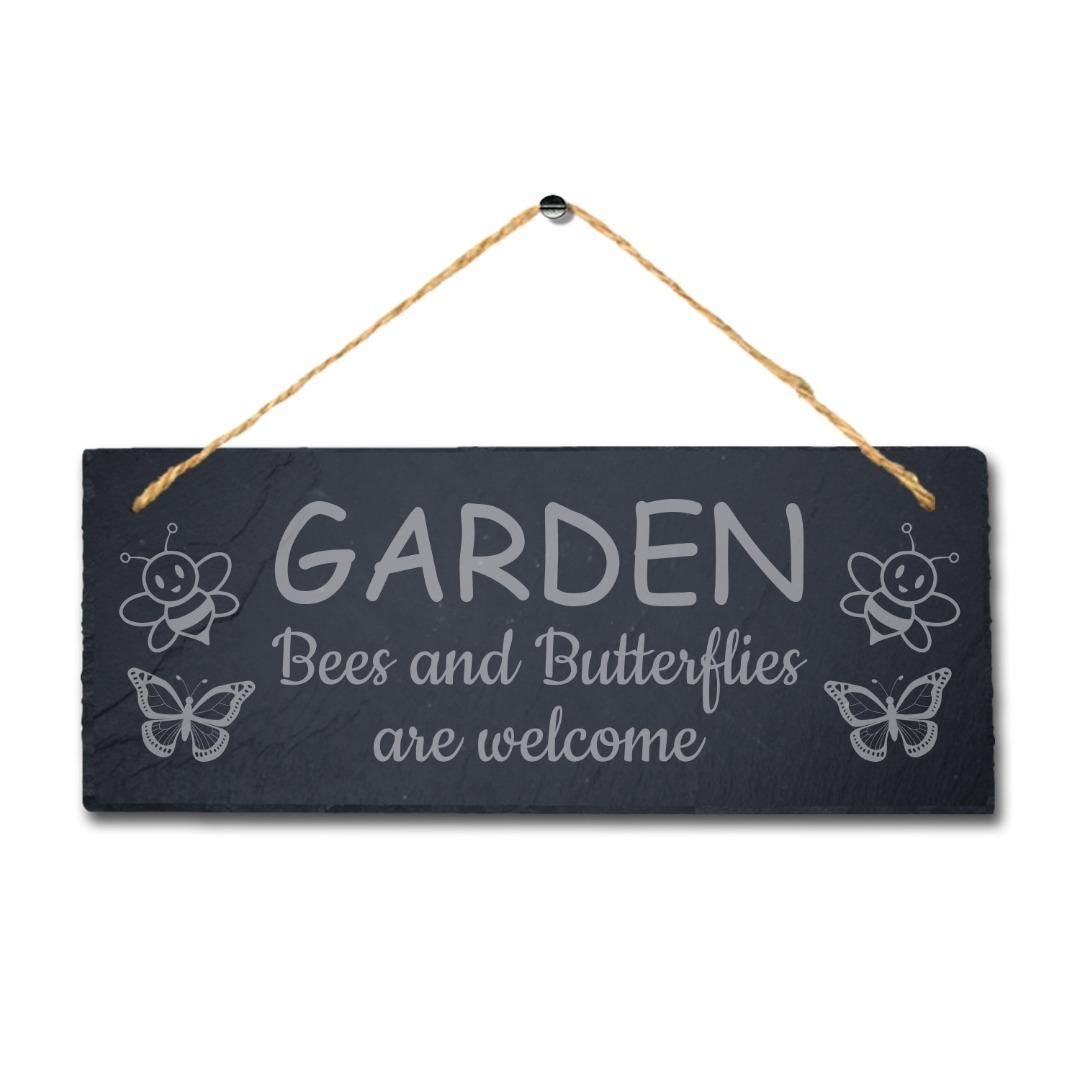 Garden Bees And Butterflies Welcome Engraved Hanging Slate Garden Plaque Sign