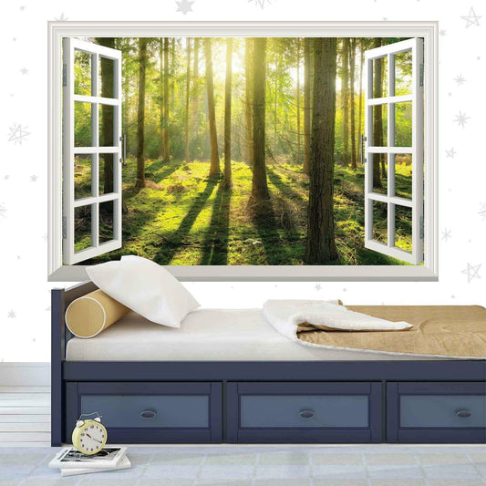 3D Forest Window View Wall Decal: Green Trees, Nature Mural