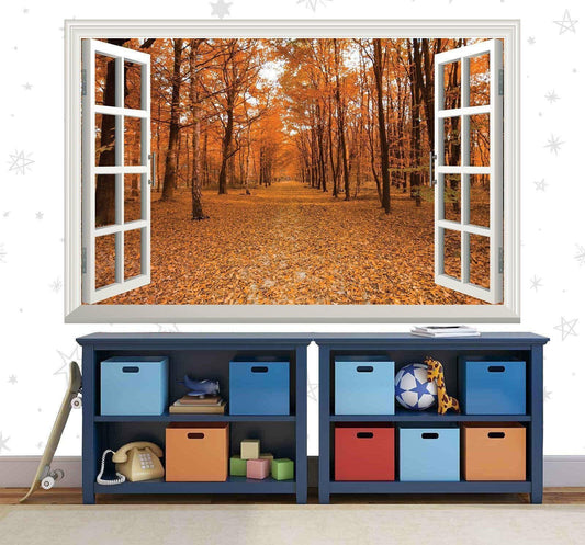 Autumn Wall Sticker Trees Orange Forest 3d Window View Wall Decal Office Vinyl Mural